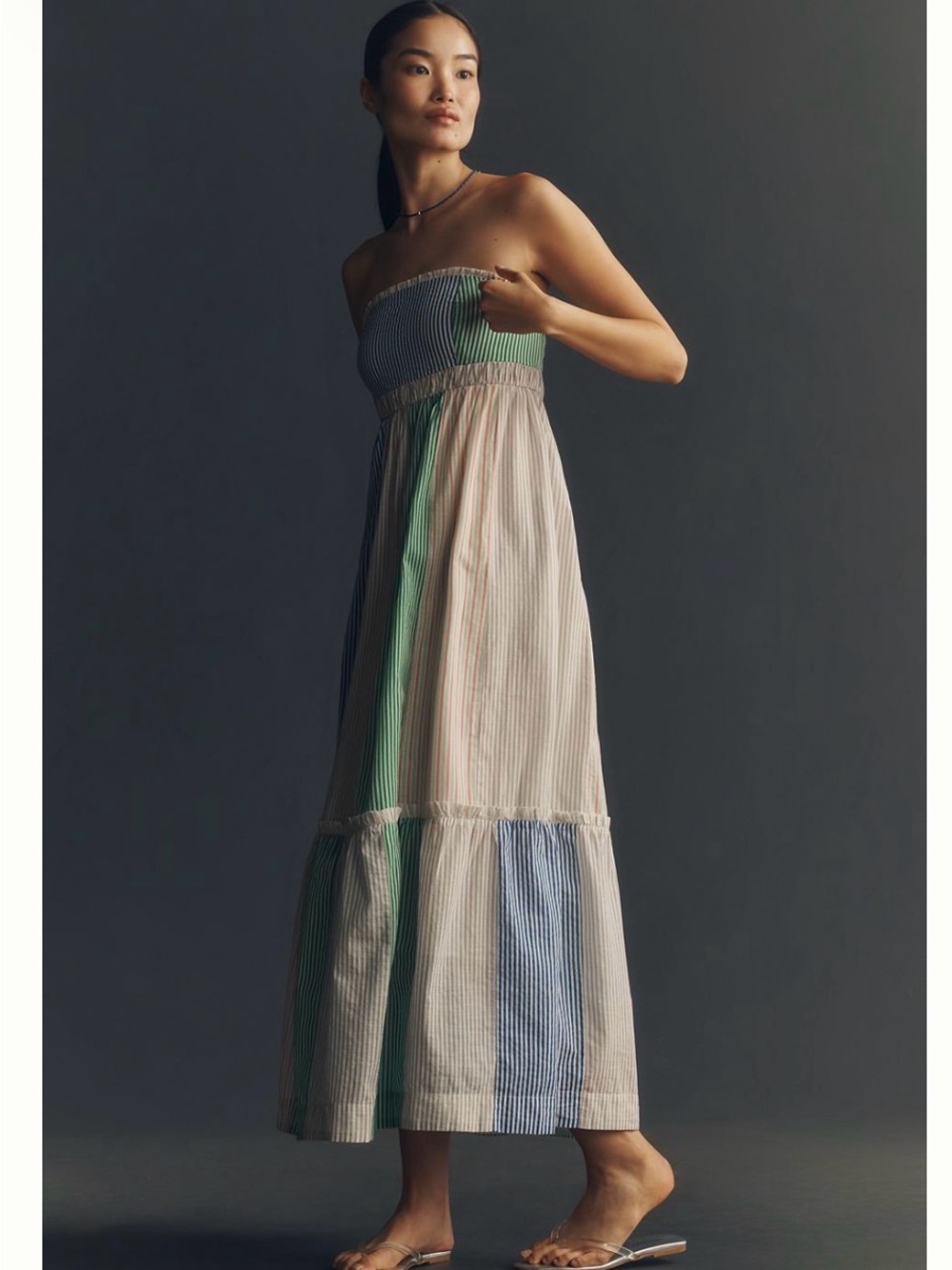 Maeve Strapless Maxi Dress in Green, Blue & Cream